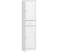 HOMCOM Armario Alto de Baño Estrecho con 2 Puertas Arqueadas Cajón y Estantes Ajustables Moderno 40x29,5x170 cm Blanco Veteado