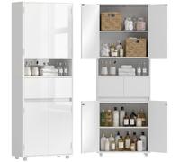 HOMCOM Armario baño Alto 170cm 2 cajones 60x30x170cm Blanco Brillante | Armario baño ahorrador espacio 2 puertas, compartimento abierto, estantes ajustables. Moderno para lavandería y salón.
