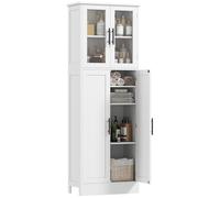 HOMCOM Armario de Baño Alto con Puertas de Cristal y 2 Armarios, Armario de Baño Ahorrador de Espacio con Estantes Ajustables, de Suelo para Comedor Salón Cocina, 60x30x170 cm, Blanco