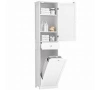 HOMCOM Armario de Baño Alto de 180 cm con Cesto para Ropa Abatible, Blanco | Mueble de baño estrecho de pie, estante ajustable, cajón, lavadero