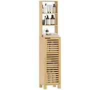 HOMCOM Armario de Baño Alto de Bambú Estrecha con 3 Estantes Abiertos Puerta de Lamas Baldas Ajustables Natural Natural Wood-34X30X170 cm