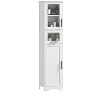 HOMCOM Armario de Baño Alto, Mueble Auxiliar de Baño con Puerta de Vidrio, Estantes Ajustables, Cajón, Columna Estrecha White