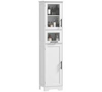 HOMCOM Armario de Baño Alto, Mueble Auxiliar de Baño con Puerta de Vidrio, Estantes Ajustables, Cajón, Columna Estrecha White