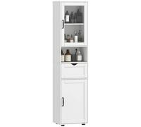 HOMCOM Armario de Baño Alto, Mueble Auxiliar de Baño con Puerta de Vidrio, Estantes Ajustables, Cajón, Estante Abierto White