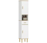 HOMCOM Armario de Baño Alto, Mueble Auxiliar de Baño Estrecho con Estantes Ajustables, Puertas Acanaladas, Cajón, Estante Abierto, Patas de Madera, para Espacios Pequeños, 31,5x29,7x171,5 cm, Blanco B