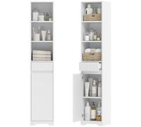 Homcom armario de baño alto, mueble auxiliar de baño estrecho con cajón, diseño acanalado, estante ajustable, estantes abiertos, para espacios pequeños, 33x30x172 cm, blanco