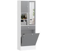 HOMCOM Armario de Baño con Cesto Ropa Sucia 62x28,3x181 cm Blanco y Gris | Armario Alto de Baño Estrecha, con Espejo, Cajón, Compartimentos Abiertos, Estantes Ajustables