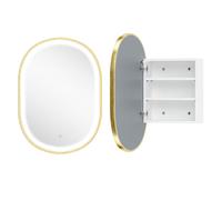Homcom armario de baño con espejo y luces led de 3 colores, armario de pared ovalado con función memoria y antivaho, brillo ajustable, control táctil, estantes ajustables, dorado