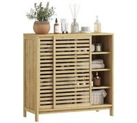 HOMCOM Armario de Baño de Bambú Mueble de Baño con 2 Puertas Correderas Diseño con Lamas 4 Estantes Mueble Auxiliar de Almacenaje para Cocina Salón 80x34x80 cm Natural
