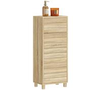 HOMCOM Armario de Baño Estrecho, Mueble Auxiliar de Baño con Puerta de Listones, 3 Estantes y Estante Ajustable, Apertura por Presión, Ahorro Espacio, 34x23x84 cm, Natural Madera Natural