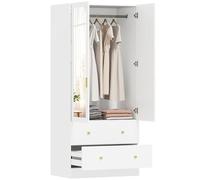 HomCom Armario dormitorio 2 puertas y 2 cajones con espejo y barra 80x50x180 cm Blanco