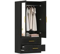 HomCom Armario 2 puertas 2 cajones con espejo, relieve de diamante, barra 80x50x180 cm negro