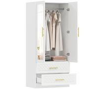 HOMCOM Armario Dormitorio 2 Puertas y 2 Cajones, Armario Ropero con Espejo, Relieve de Diamante, Barra para Colgar, Estilo Moderno, 80x50x180 cm White 80x50x180 cm