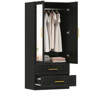 HomCom Armario 2 puertas 2 cajones con espejo, relieve de diamante, barra 80x50x180 cm negro