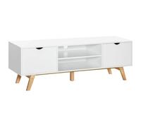 HOMCOM Mueble de TV Moderno Mueble para Televisores de 65 Pulgadas Mesa de TV para Salón con 2 Puertas 2 Estantes Abiertos y Patas de Madera 150x39x50 cm Blanco