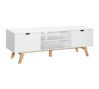 HOMCOM Mueble de TV Moderno Mueble para Televisores de 65 Pulgadas Mesa de TV para Salón con 2 Puertas 2 Estantes Abiertos y Patas de Madera 150x39x50 cm Blanco