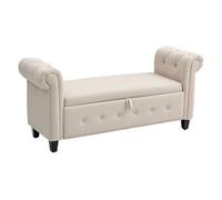 Homcom banco de almacenamiento taburete de almacenaje de lino con tapa de bisagras patas de madera y reposabrazos enrollados para dormitorio salón pasillo carga 150 kg 146,5x49x74,5 cm beige 49 cm