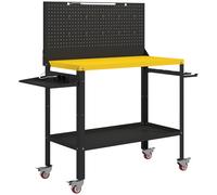 HOMCOM Banco de Trabajo con Panel Perforado Mesa de Trabajo con Enchufes Luz LED Ruedas Marco de Metal Negro y Amarillo Aosom España