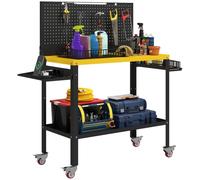 HOMCOM Banco de Trabajo con Ruedas 128x49,5x127,5 cm Negro y Amarillo | Panel Perforado, Mesa de Trabajo con Enchufes, USB, Luz LED, Estructura Metálica, Carga 300 kg, Garaje, Taller