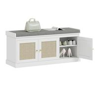 HOMCOM - Banco para zapatos (9 pares, banco de almacenamiento, asiento acolchado, 3 puertas de ratán, cojín y estante ajustable, estilo bohemio, para entrada, pasillo, 105 x 35 x 47 cm, color blanco