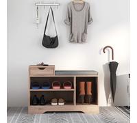 HOMCOM Banco para zapatos, banco de almacenaje, cajón con 1 y 3 compartimentos, mueble de entrada con cojín acolchado, para pasillo, entrada, dormitorio, 76,5x30x52 cm, efecto gris.