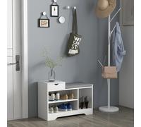 HOMCOM Banco para zapatos, banco de almacenaje, cajón con 1 y 3 compartimentos, mueble de entrada con cojín acolchado, para pasillo, entrada, dormitorio, 76,5x30x52 cm, Blanco