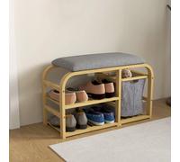 HOMCOM Banco para zapatos de bambú con cojín, zapatero con 2 estantes con listones y tela deslizante, banco de entrada para dormitorio o pasillo, 70x30x45 Natural