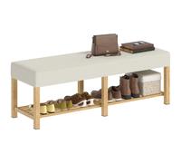 HOMCOM Banco Zapatero, Banco Recibidor Moderno, con Asiento Acolchado para 2 Personas, Estante Abierto, Marco de Madera, para Entrada, Pasillo, Salón, 140x44x48 cm, Crema y Madera Natural
