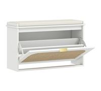 HOMCOM Banco Zapatero Boho con Asiento Acolchado Puerta de Ratán Cajón Abatible Estante Ajustable 8 Pares 80x26x47,5 cm Blanco
