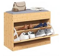 Homcom banco zapatero, banco recibidor con asiento acolchado, cajón abatible, puerta de ratán, estante ajustable, para entrada, pasillo, salón, 63x29x48 cm, natural y gris 29 cm