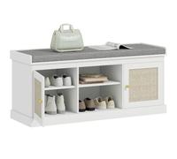 HOMCOM Banco Zapatero Mueble Zapatero Banco Recibidor Bohemio con Asiento Acolchado Puertas Frentes de Ratán Estante Abierto Estante Ajustable para 9 Pares de Zapatos para Entrada 105x35x47 cm Blanco
