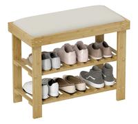 HOMCOM Banco Zapatero de Bambú Zapatero con Asiento Acolchado 2 Estantes para 6 Pares de Zapatos para Entrada Dormitorio 60x29x49 cm Natural y Crema