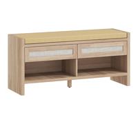 HOMCOM Banco zapatero para entrada, banco de almacenamiento, asiento acolchado efecto lino, 2 cajones de ratán y estantería abierta, roble