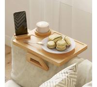 HOMCOM Bandeja de Brazo para Sofá de Bambú Plegable y Flexible con Portavasos Extraíble y Soporte Giratorio para Teléfono