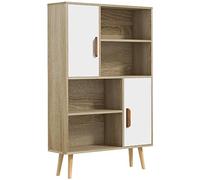 HOMCOM Biblioteca escandinava 4 nichos + 2 armarios con estante dim. 80 x 24 x 123 cm. Patas cónicas inclinadas, madera maciza, roble