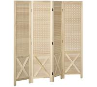HOMCOM Biombo de 4 Paneles Separador de Ambientes Plegable 152x1,7x144,5 cm Divisor de Habitación de Madera con Pantalla de Privacidad Agujeros para Colgar para Oficina Dormitorio Salón Natural Madera