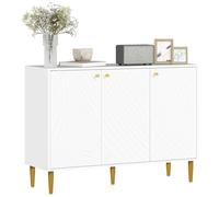 HOMCOM Buffet, mueble de almacenaje, con 2 armarios, estantes regulables, 3 puertas con líneas talladas, patas de acero doradas, blan