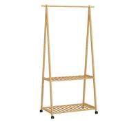 Homcom burro para ropa de bambú perchero burro para ropa con ruedas 2 estantes abiertos y 2 ganchos perchero para entrada pasillo dormitorio 84,5x43,5x158 cm natural