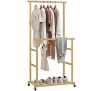 Homcom burro ropa, perchero colgador de ropa de bambú con ruedas, con zapatero, 2 barras para colgar, para entrada, pasillo, dormitorio, 80x40x160 cm, natural 80 cm