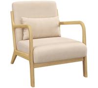 HOMCOM Butaca de Salón Butaca Nórdica Sillón de Salón con Reposabrazos Cojín y Marco de Madera de Caucho para Dormitorio Carga 120 kg 61x78x76 cm Beige Beige