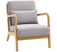 HOMCOM Butaca de Salón Butaca Nórdica Sillón de Salón con Reposabrazos Cojín y Marco de Madera de Caucho para Dormitorio Carga 120 kg 61x78x76 cm Gris