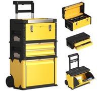 HOMCOM Tallar Móvil Apilable 3 en 1 Caja de Herramientas con Ruedas Carro de Herramientas de Acero con Bandeja Mango Telescópico Amarillo y Negro Yellow 52x32x72cm