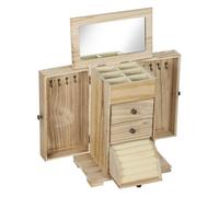 Homcom caja joyero de madera de 4 niveles, joyero mujer organizador grande con 2 cajones, espejo, puertas laterales giratorias con ganchos, para pendientes, anillos, collares, natural