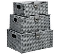 HOMCOM Cajas de Almacenaje de Ratán Plástico 3 Piezas Cestas de Almacenamiento con Tapa y Cerradura para Libros Juguetes Organizadores de Ropa para Dormitorio Baño Gris Gray 35.5x28.5x18cm
