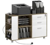 HOMCOM Cajonera de Oficina con Estación de Carga, Mueble Archivador con Ruedas, 3 Cajones, Barra Colgante, Cajonera para Escritorio con Cerradura, Estantes para Carta, A4, Legal, Marrón Grisáceo