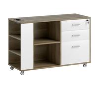 HOMCOM Cajonera de Oficina con Estación de Carga, Mueble Archivador con Ruedas, 3 Cajones, Barra Colgante, Cajonera para Escritorio con Cerradura, Estantes para Carta, A4, Legal, Marrón Grisáceo