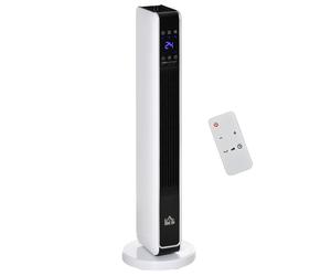 HOMCOM Calefactor Cerámico de Torre 1000/2000W con Mando Pantalla LED 3 Modos de Viento Termostato Temporizador 21x21x73cm Blanco Aosom España