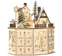 HOMCOM Calendario de Adviento de Navidad de Madera Reutilizable con Luces LED 24 Cajones Escena de Pueblo 25x20x29 cm Natural