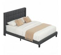 HOMCOM Cama 135x190 cm Estructura de Cama Somier con Cabecera Tapizada de Lino Sintético y Espacio de Almacenamiento Debajo de la Cama Carga 300 kg Gris