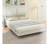 HOMCOM Cama Doble de 135x190 cm Cabecero Acolchado Estilo Moderno Beige | Marco de Cama, Efecto Flotante, Estructura Metálica, Lamas de Madera, Silencioso